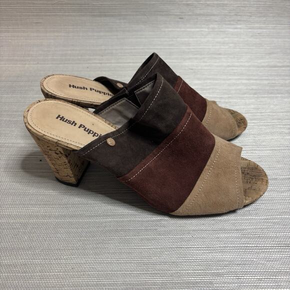 Hush Puppies Womens Multi Brown Suede Mule Shoe Sandal Heels Retro Casual SZ 10 - Picture 4 of 7